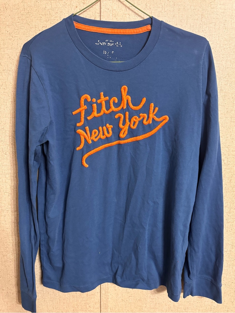 Abercrombie & Fitch Blue Long Sleeve Tee with Orange Script Logo